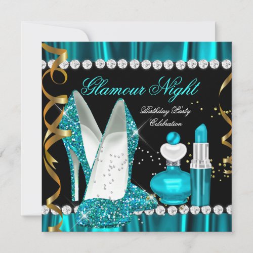 Glitter Glamour Night Teal Blue Gold Black Party 3 Invitation