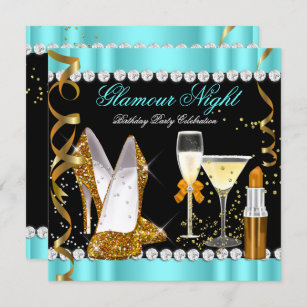 Glitter Glamour Night Teal Blue Gold Black Party Invitation