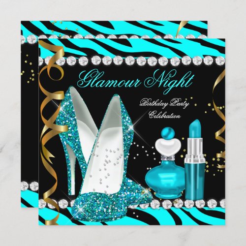 Glitter Glamour Night Teal Blue Gold Black Zebra Invitation