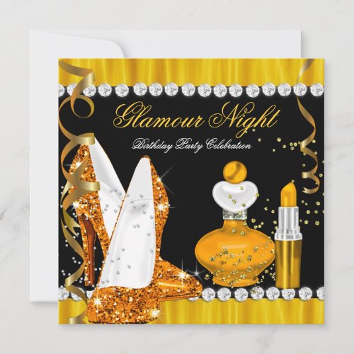 Glitter Glamour Night Yellow Gold Black Party 2 Invitation