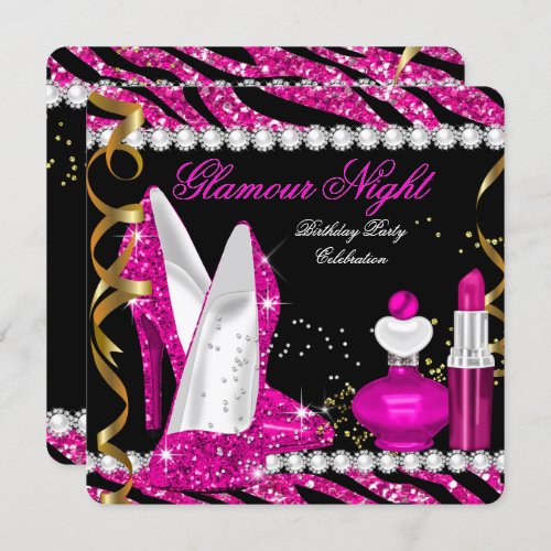 Glitter Glamour Night Zebra Deep Pink Gold Black 2 Invitation