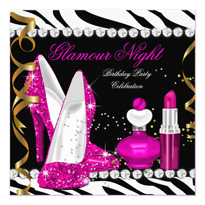 Glitter Glamour Night Zebra Deep Pink Gold Black Personalized Announcement