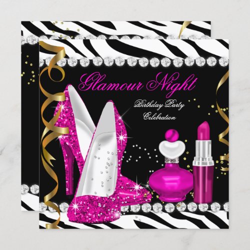 Glitter Glamour Night Zebra Deep Pink Gold Black Invitation