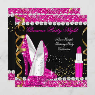 Glitter Glamour Party Hot Pink Gold Black Invitation