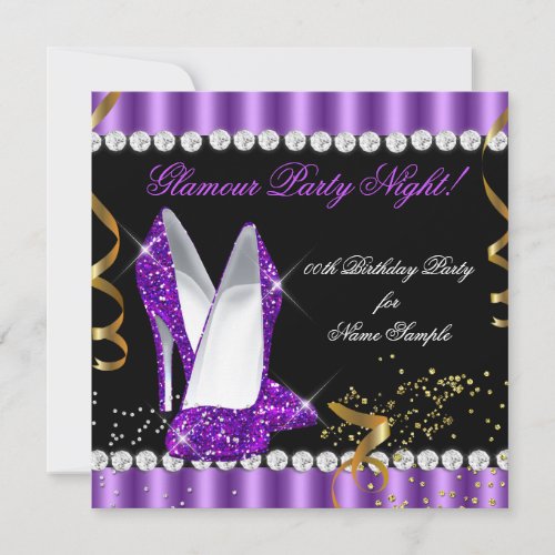 Glitter Glamour Party Night Purple Gold Heels Invitation