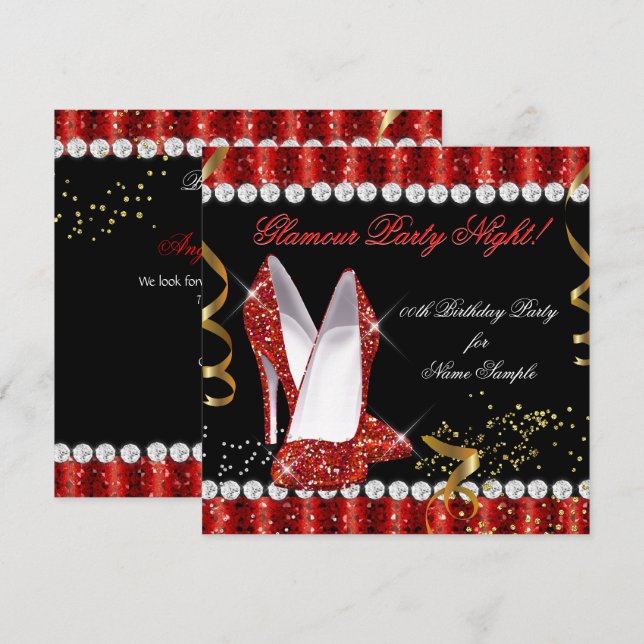 Glitter Glamour Party Night Red Gold Heels Invitation (Front/Back)