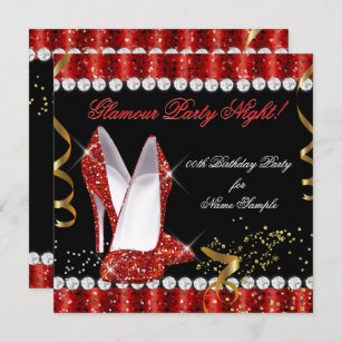 Glitter Glamour Party Night Red Gold Heels Invitation