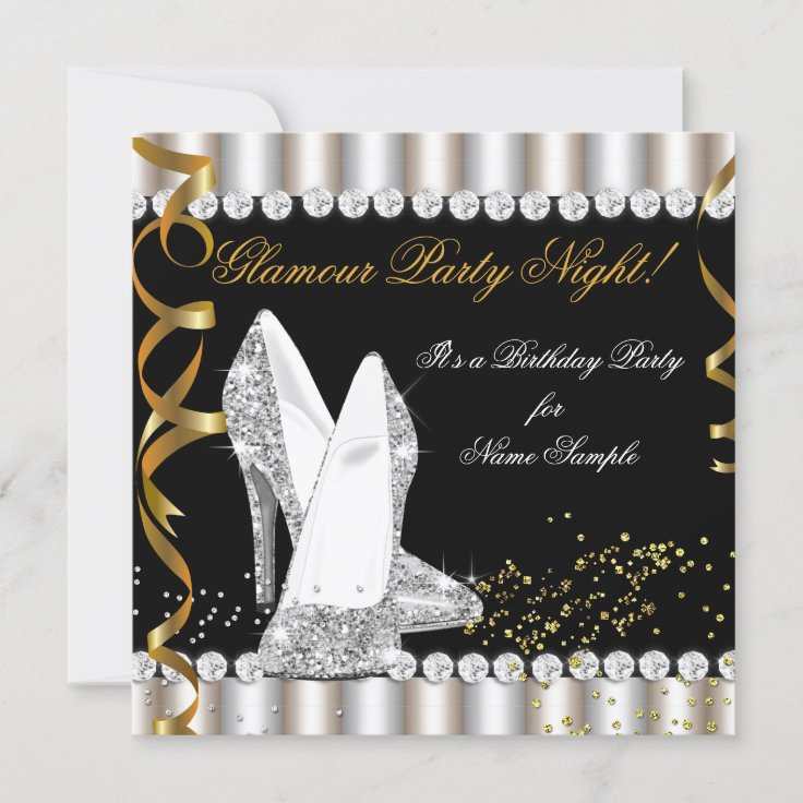 Glitter Glamour Party Night Silver Gold High Heel Invitation | Zazzle