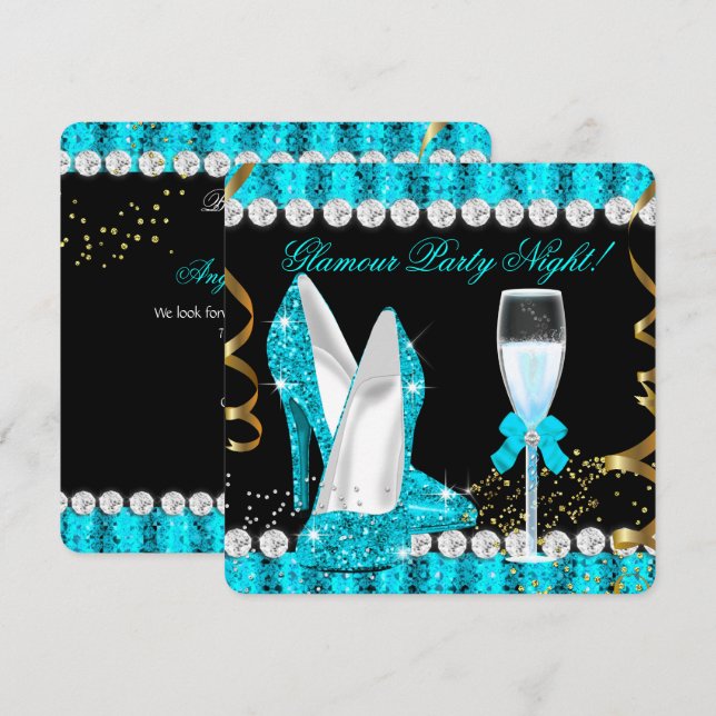 Glitter Glamour Party Night Teal Blue Champagne Invitation (Front/Back)