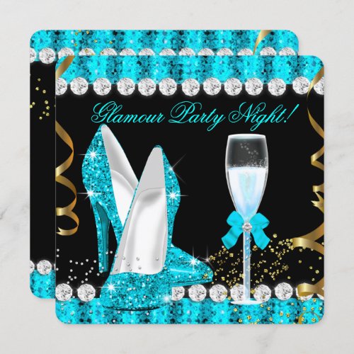 Glitter Glamour Party Night Teal Blue Champagne Invitation
