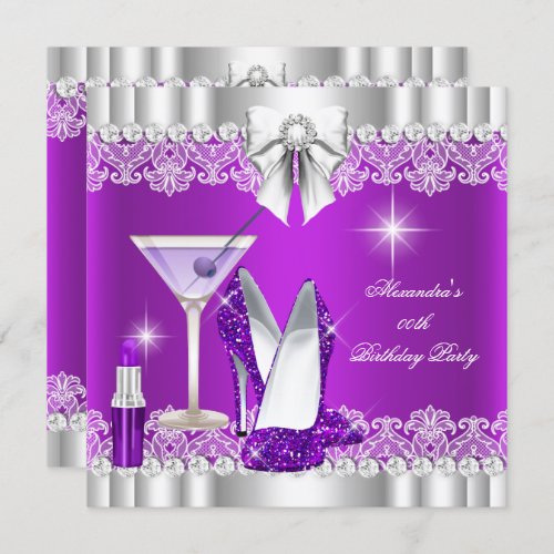 Glitter Glamour Purple Hi Heels Lipstick Martini Invitation