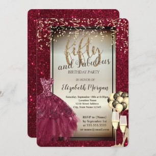 Glitter Glass,Balloons,Dress Red 50th Birthday Invitation
