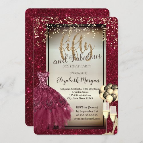 Glitter GlassBalloonsDress Red 50th Birthday   Invitation