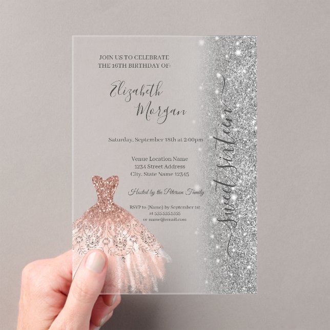 Glitter Glitter Dress Rose Gold Sweet 16 Acrylic Invitations (Insitu (Handheld))