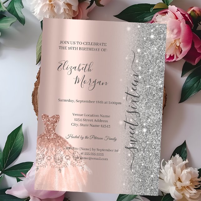 Glitter Glitter Dress Rose Gold Sweet 16 Invitation (Creator Uploaded)