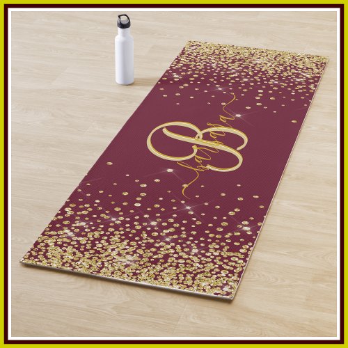 Glitter Glitz Gold Burgundy Custom Monogram Name Yoga Mat