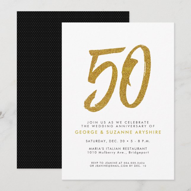 Glitter gold 50th anniversary party invitation (Front/Back)