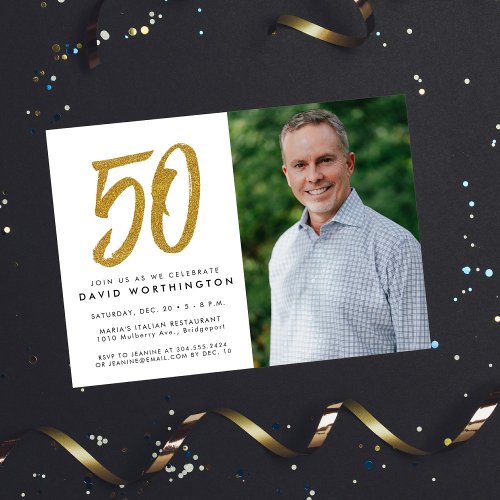Glitter gold 50th birthday party photo invitation