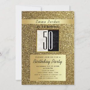 Glitter Gold and Black 50th Birthday Invitation