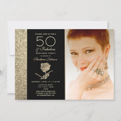 Glitter Gold and Black 50th Birthday Invitation