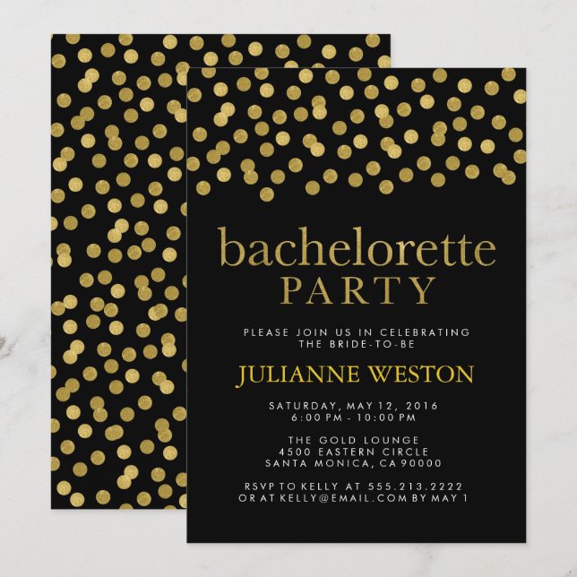Glitter Gold and Black Confetti Bachelorette Party Invitation (Front/Back)
