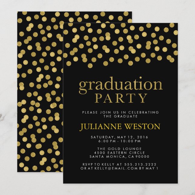 Glitter Gold and Black Confetti Graduation Party Invitation (Front/Back)