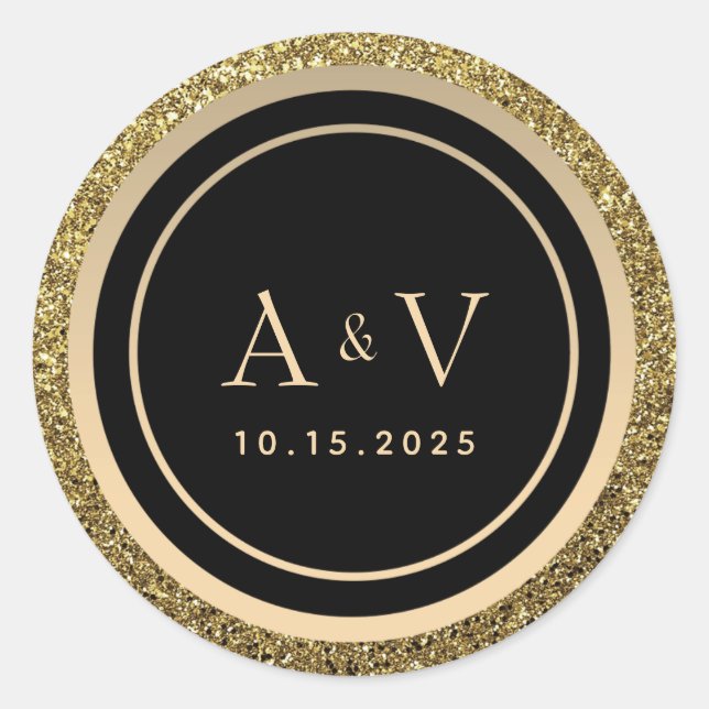 Glitter Gold and Black Monogram Wedding Classic Round Sticker (Front)