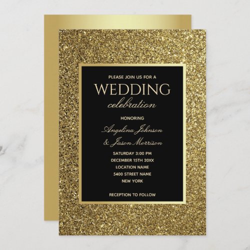 Glitter Gold And Black Wedding Invitation