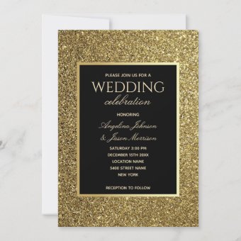 Glitter Gold And Black Wedding Invitation | Zazzle