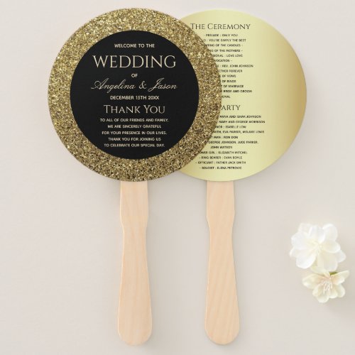 Glitter Gold and Black Wedding Program Hand Fan