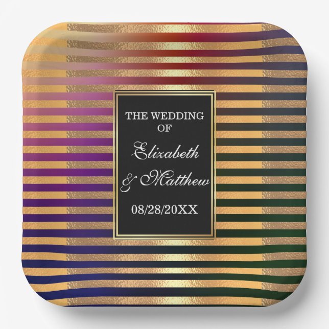 Glitter Gold and Black Wedding Square  Paper Plates (Front)