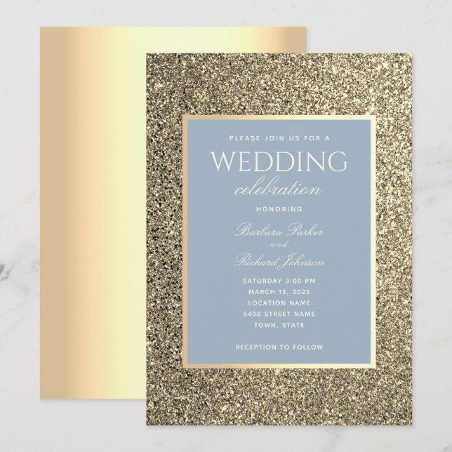 Glitter Gold And Dusty Blue Wedding Invitation (Front/Back)