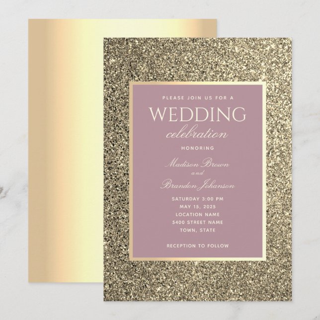 Glitter Gold And Dusty Rose Wedding Invitation (Front/Back)