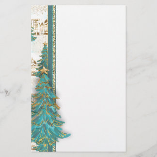 Glitter Gold and Green Border with Christmas Trees Stationery