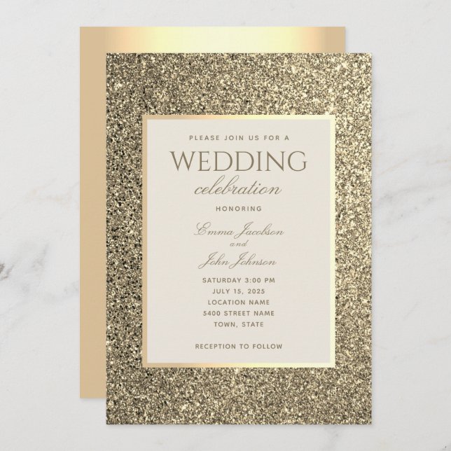 Glitter Gold And Ivory Wedding Invitation (Front/Back)