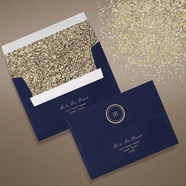 Glitter Gold and Navy Blue Wedding Envelope (Creator Uploaded)