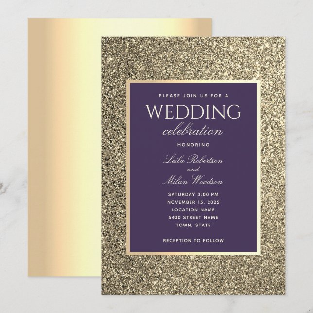 Glitter Gold And Purple Wedding Invitation (Front/Back)