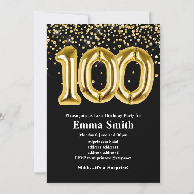 glitter gold balloon for 100th birthday party invitation (Front)