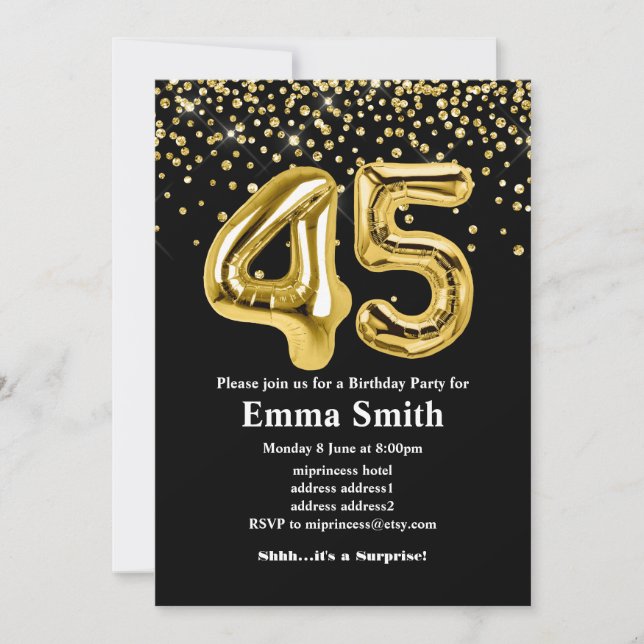 glitter gold balloon for 45th birthday party invitation (Front)