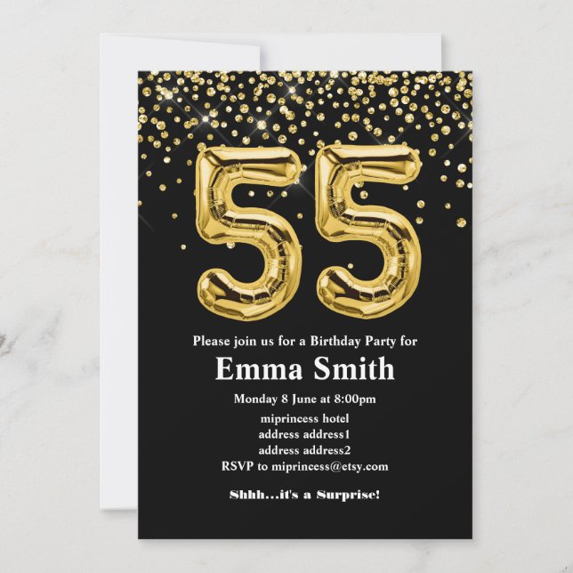 glitter gold balloon for 55th birthday party invitation (Front)