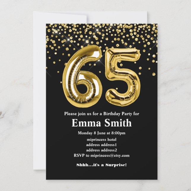 glitter gold balloon for 65th birthday party invitation (Front)