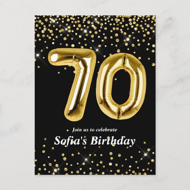 glitter gold balloon for 70th birthday party postcard (Front)