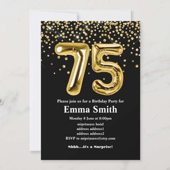 glitter gold balloon for 75th birthday party  invitation (Front)