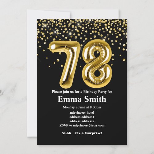 glitter gold balloon for 78th birthday party  invitation