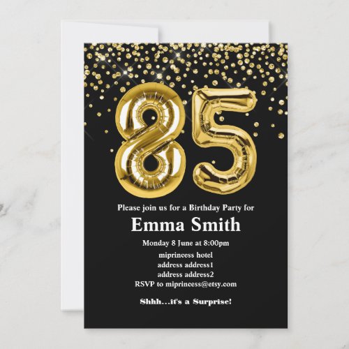 glitter gold balloon for 85th birthday party invitation
