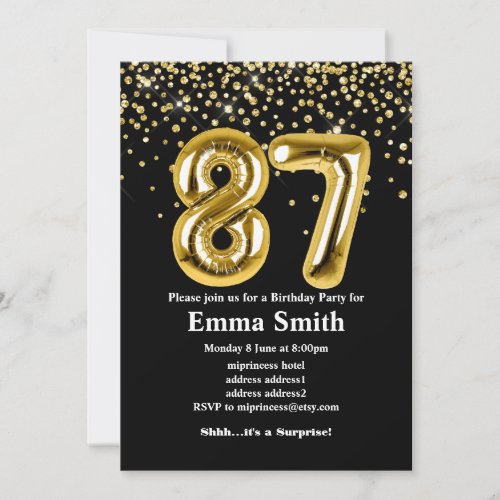 glitter gold balloon for 87th birthday party invitation