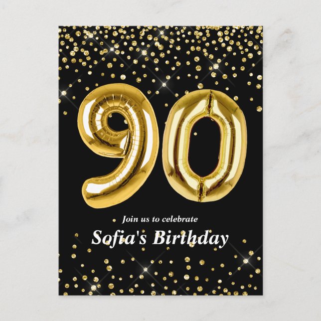 glitter gold balloon for 90th birthday party postcard (Front)
