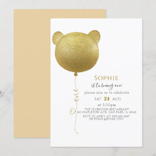 Glitter Gold Balloon Teddy Bear 1st Birthday Invitation
