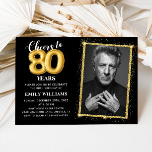 Glitter Gold Black 80th Birthday Photo Party Invitation