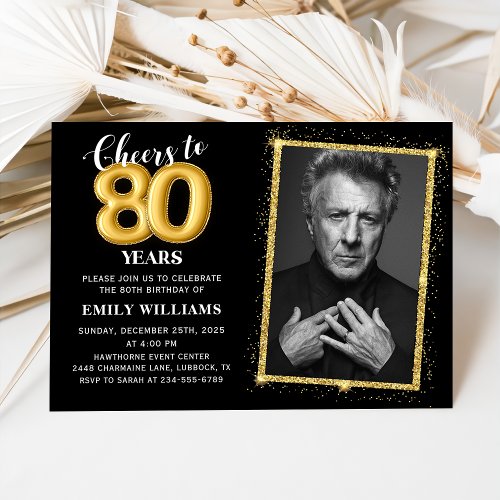 Glitter Gold Black 80th Birthday Photo Party